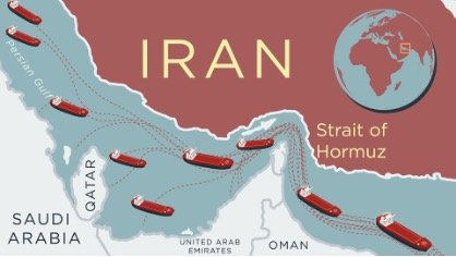 Map of the Persian Gulf showing red oil tankers moving through the Strait of Hormuz near Iran, illustrating shipping routes.
