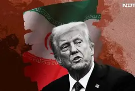 Portrait of a man in a suit with a serious expression, set against an Iranian flag backdrop and stylized red background.