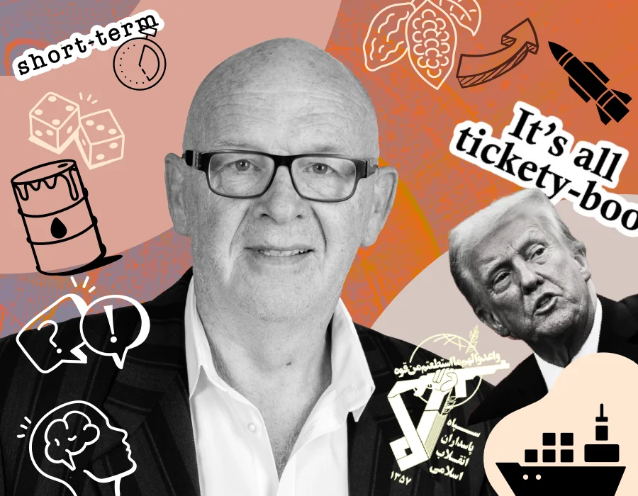 Collage portrait of a bald man in glasses surrounded by icons like a rocket, dice, brain, and speech bubbles.