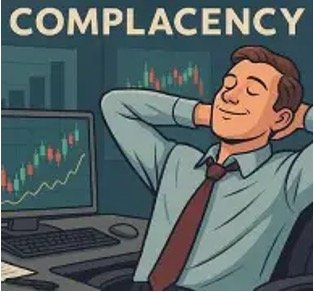 Illustration of a relaxed businessman at a trading desk, with stock charts on his monitor and the word 'COMPLACENCY' above.