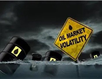 Yellow 'Oil Market Volatility' sign tilting among floating oil barrels in dark water with a stormy sky.