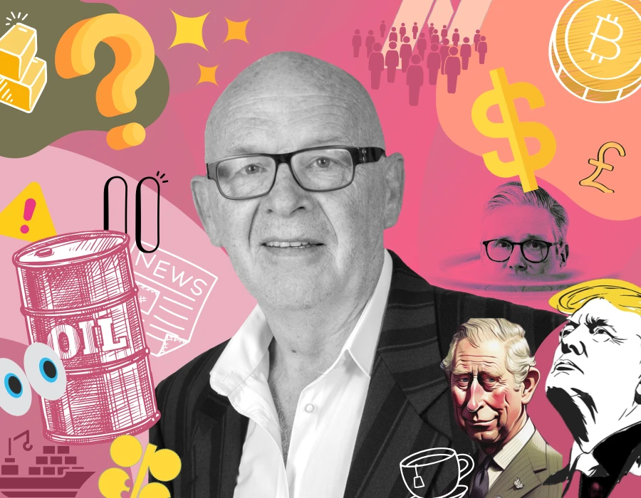 Collage portrait of a man in glasses at the center, surrounded by colorful finance and media icons (oil barrel, currency signs, news)