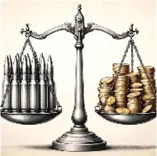 Balance scale with bullets on the left pan and gold coins on the right, illustrating the weapon–money trade-off.