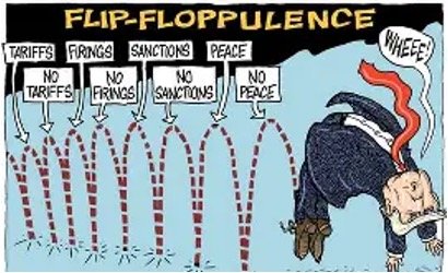 Political cartoon titled 'Flip-Flopplulence' showing a man in a suit toppled over as a row of signs labeled tariffs, sanctions, and peace sends curved streams outward, illustrating policy flip-flopping and chaotic reactions.
