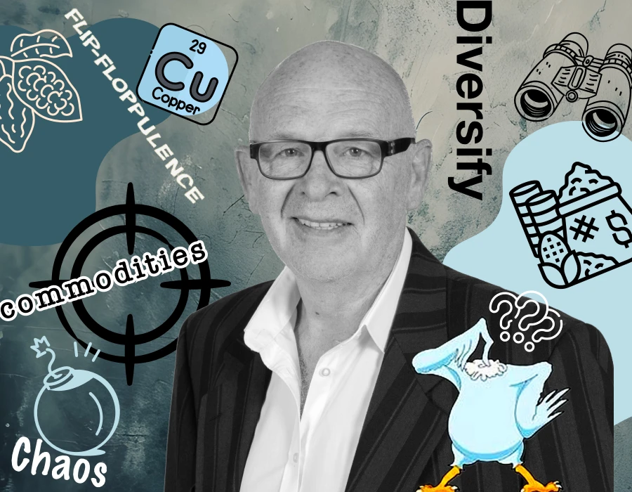 Portrait of a smiling man in a suit and glasses, set against a collage featuring words/icons such as Diversity, Commodities, Copper (Cu 29), and Chaos.