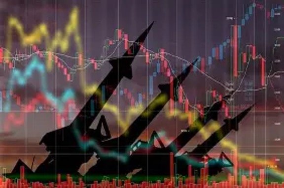 Stock market chart with colorful candlesticks and lines, overlaid by black rocket silhouettes signaling a market surge.