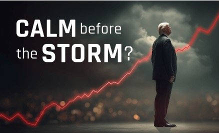 Man in a suit facing a rising red stock line against dark, stormy clouds with the text 'CALM before the STORM?' as a market-risk concept image.