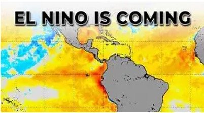 Meme banner with text 'EL NINO IS COMING' over a world map showing warm ocean temperatures.