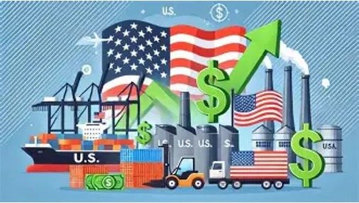 US economy growth concept with flag, dollar signs, rising green arrow, ships, trucks, and factories in a colorful montage.