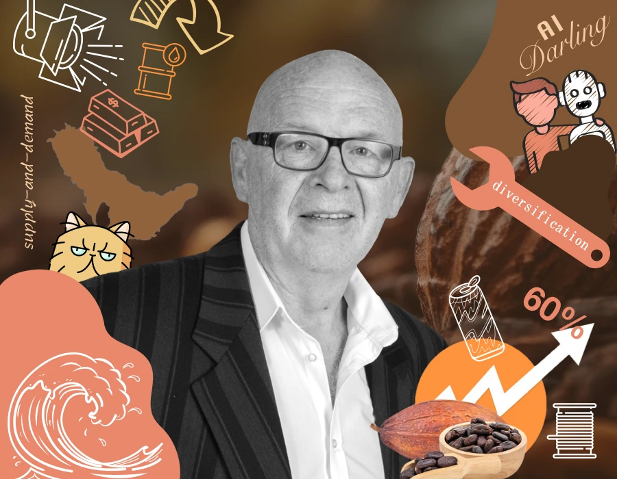 Portrait of a balding man in a suit with glasses, surrounded by abstract business icons (supply and demand, AI, growth, diversification).