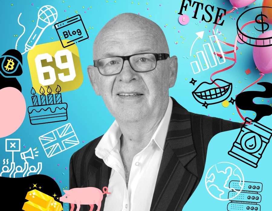 Collage of a man in a suit against a blue background with icons like a blog card, 69, birthday cake, piggy bank, globe, and finance symbols for a festive business theme.