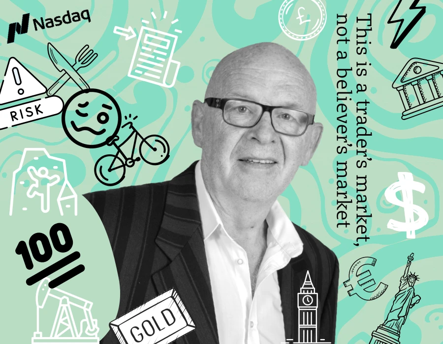 Portrait of a smiling man in a suit and glasses on a mint-green collage filled with finance icons and the quote 'This is a trader's market, not a believer's market.'