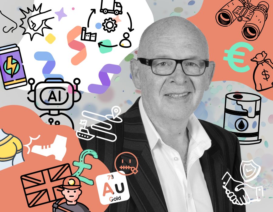 Smiling man in a suit against a colorful collage of AI, technology, travel and finance icons.