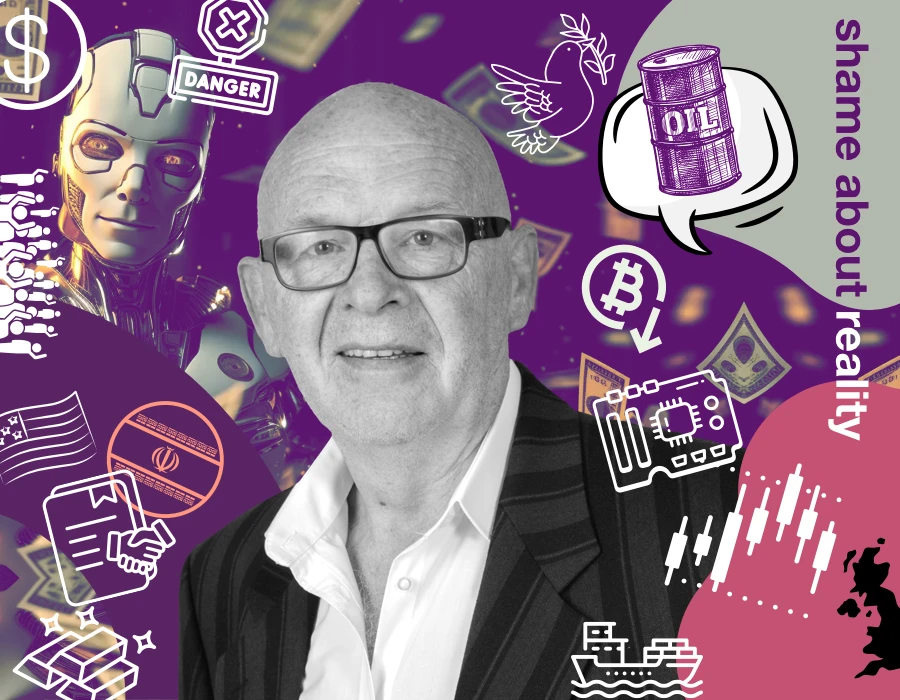 Professional man in a suit wearing glasses, overlaid on a purple collage of tech, finance, and crypto icons (dollar sign, Bitcoin, oil can, circuits, ships) conveying themes of technology and economics.