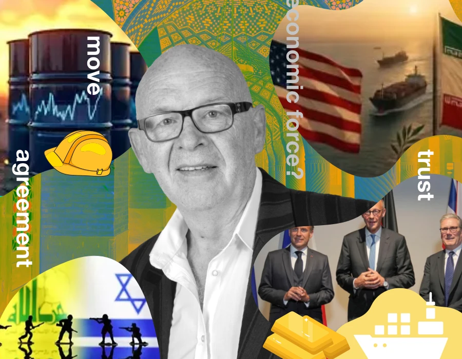 Portrait of an older man with glasses at the center, surrounded by industry and finance icons like oil barrels, gold bars, ships, and flags, conveying economic power and leadership.