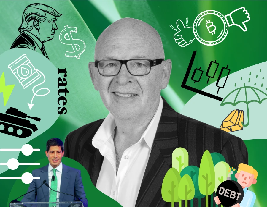 Central portrait of a smiling bald man in a suit, surrounded by finance and eco-themed icons in a green collage.