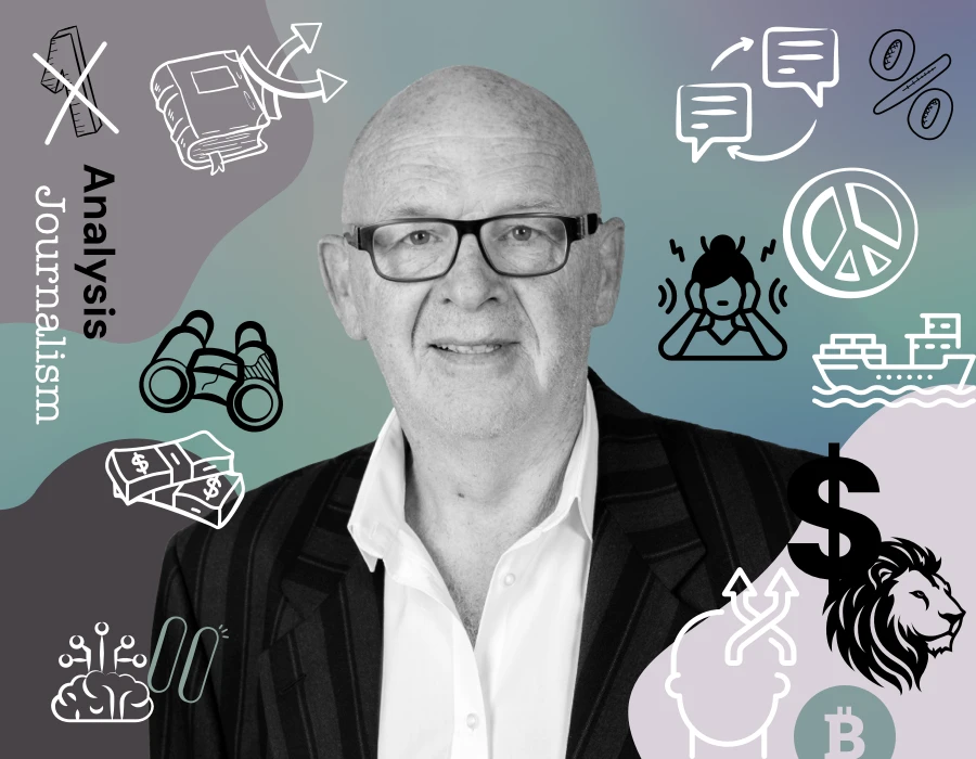 Portrait of a bald man in a suit with glasses, surrounded by white doodle icons for finance, communication, and travel—suggesting analysis/journalism themes.