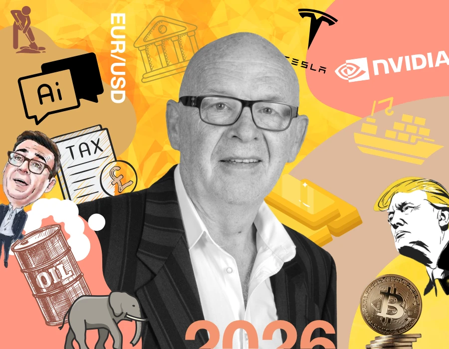 Collage with a bald man in a suit at center, surrounded by finance and crypto icons (Bitcoin, Ethereum), and tech logos on a yellow background; '2026' at the bottom.