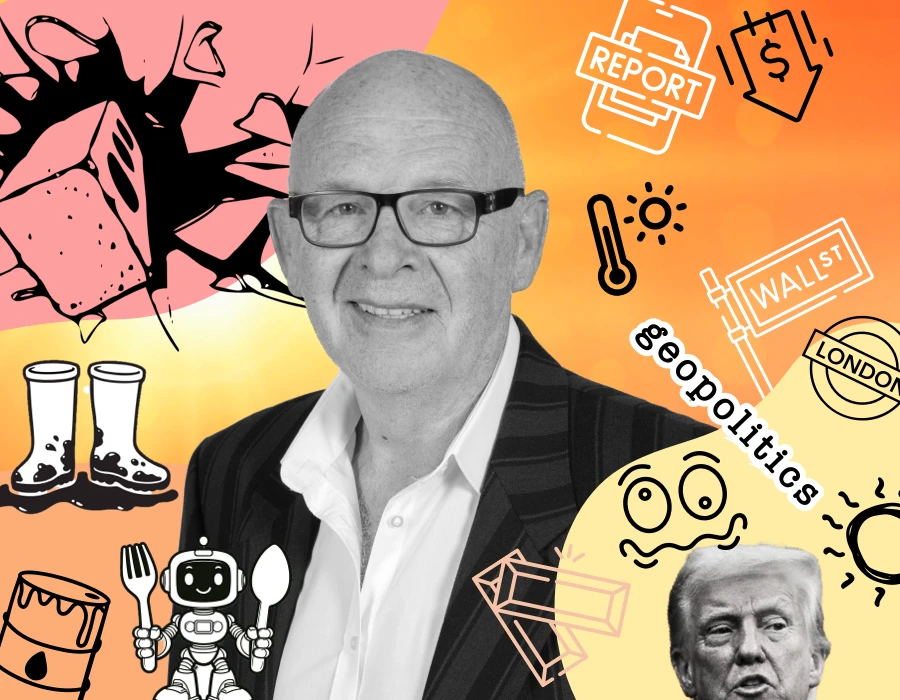 Collage with a grayscale portrait of a man in a suit and glasses among political icons (report, Wall Street, thermometer) and the word geopolitics.