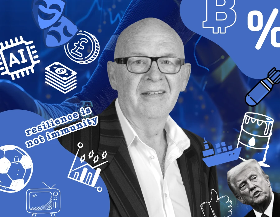 Central portrait of a man in a suit surrounded by blue finance and science icons, with the caption 'resilience is not immunity'.