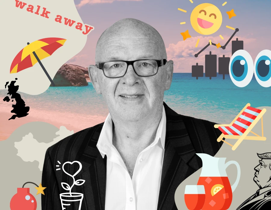 Portrait of a smiling man in a suit surrounded by beach and summer icons (umbrella, sun, chair, pitcher) on a tropical background, suggesting a vacation or lifestyle theme.