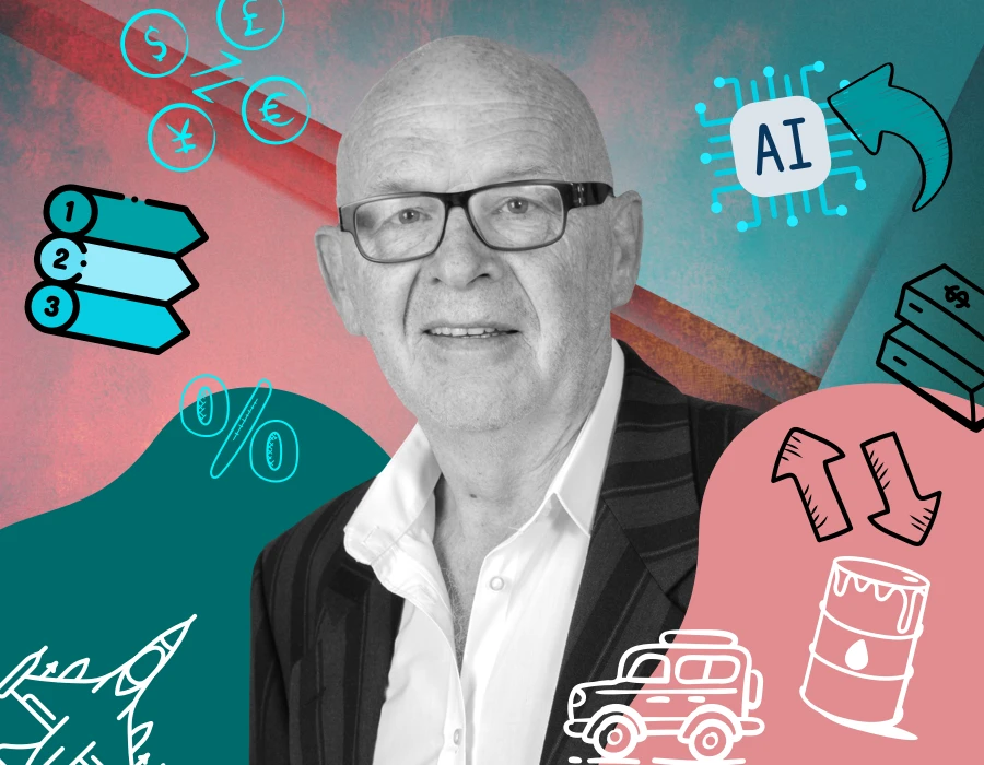 Portrait of an older man in a suit and glasses, with teal and pink abstract icons for AI, finance, and industry surrounding him.