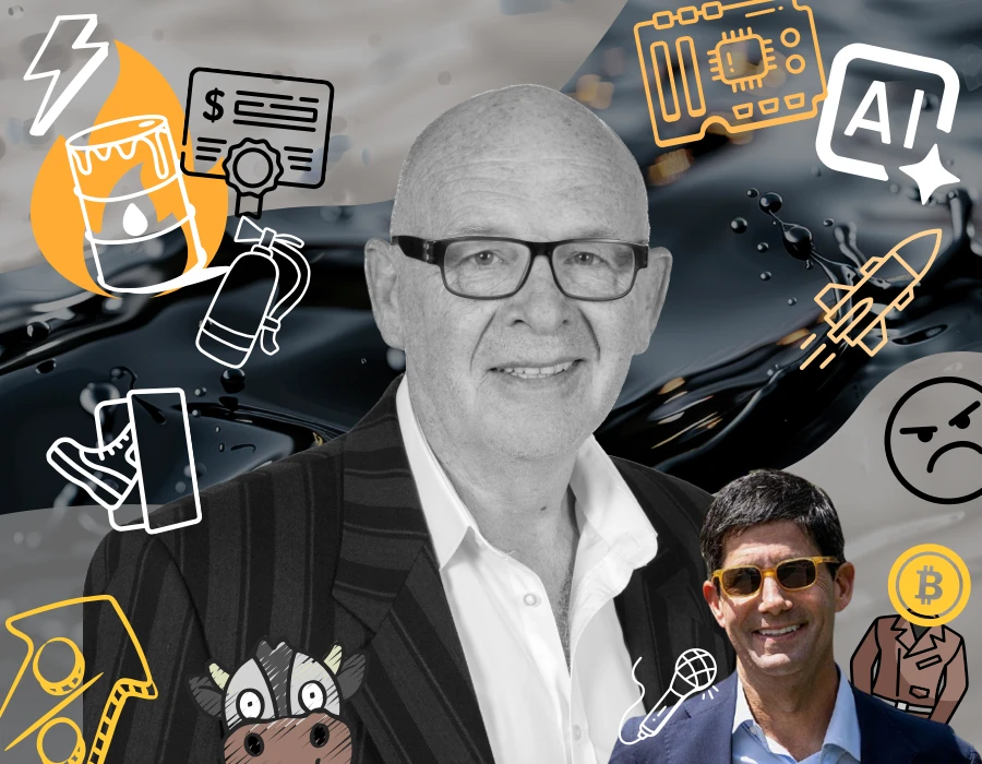 Collage of two businessmen in suits surrounded by tech and finance doodles, including AI chip, bitcoin, rocket, microphone, money, circuit board, and other symbols.
