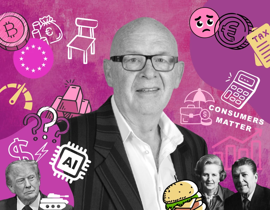 Collage featuring a central man in a suit with glasses, surrounded by icons about finance, AI, and consumer topics on a pink background.